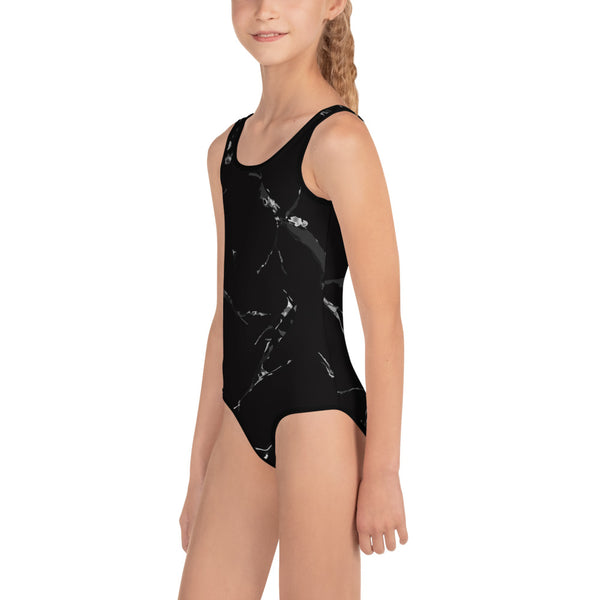 Black Marble Print Girl's Swimsuit, Kids Luxury Swimwear Bathing Suit- Made in USA/EU-Kid's Swimsuit (Girls)-Heidi Kimura Art LLC