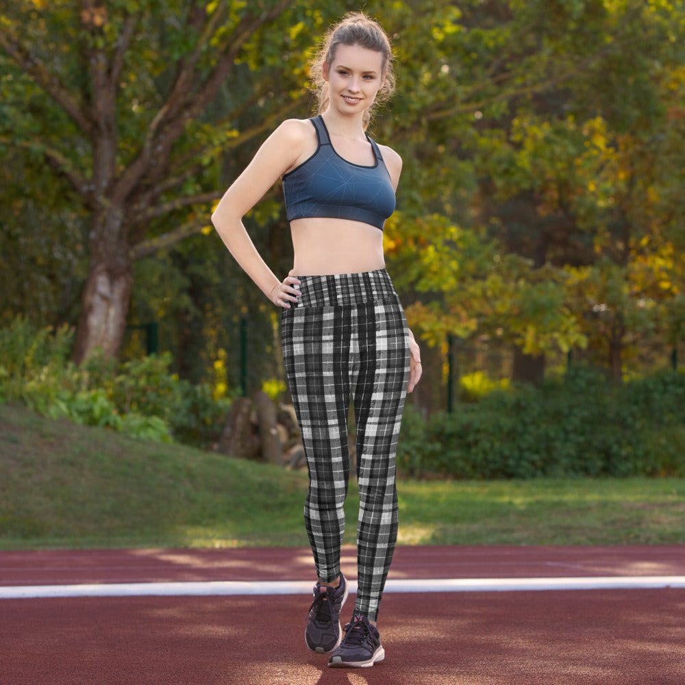 Black Plaid Women's Yoga Pants, Workout Fitted Sports Yoga