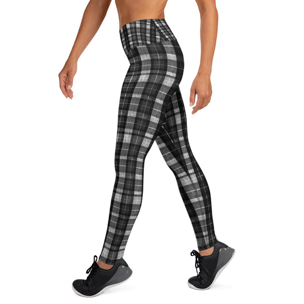 Black Plaid Workout Fitted Leggings Sports Long Yoga Pants w/ Inside Pockets-Leggings-Heidi Kimura Art LLC