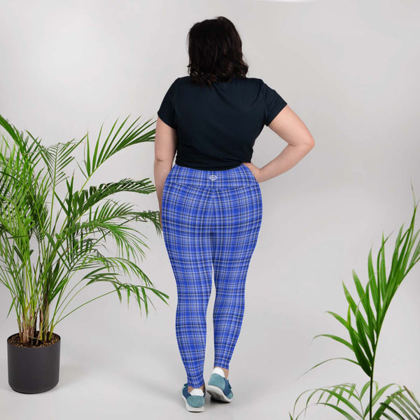 Women'sBlue Plaid Print High Waist Long Yoga Pants Plus Size Leggings-Made in USA (US Size: 2XL-6XL)-Women's Plus Size Leggings-Heidi Kimura Art LLC