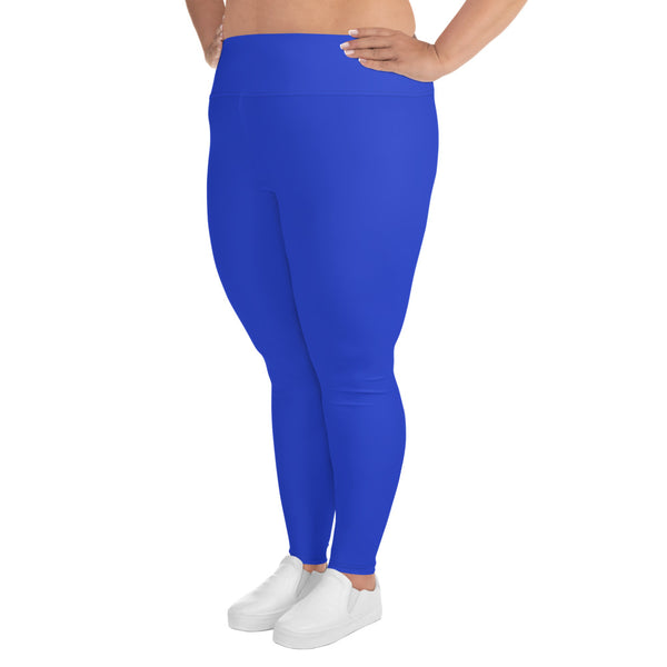 Cobalt Blue Solid Color Plus Size High Waist Long Women's Yoga Tights/ Leggings- Made in USA/EU-Women's Plus Size Leggings-Heidi Kimura Art LLC