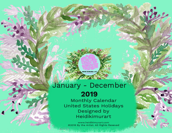 Printable U.S.A. Calendar 2019| Monthly Desk Calendar, January to December Letter Size-Digital Download-Heidi Kimura Art LLC