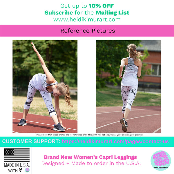 Rose Floral Black Pink Stylish Women's Fashion Casual Capri Leggings-Made in USA-capri leggings-Heidi Kimura Art LLC