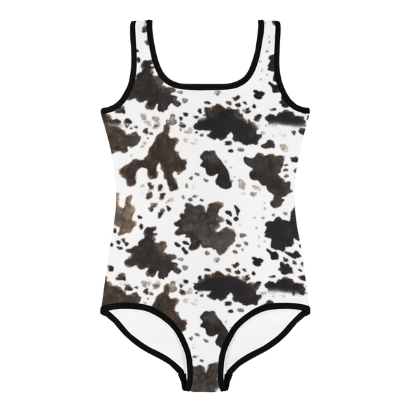 Cow Animal Print Girl's Kids Luxury Fashion Swimsuit Swimwear Bathing Suit-Made in USA-Kid's Swimsuit (Girls)-Heidi Kimura Art LLC