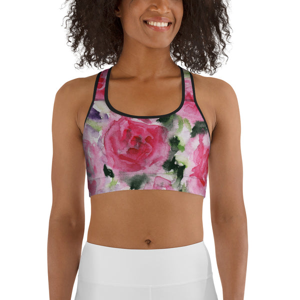 Pink Rose Floral Flower Print Women's Sports Workout Fitness Yoga Bra-Made in USA-Sports Bras-Heidi Kimura Art LLC