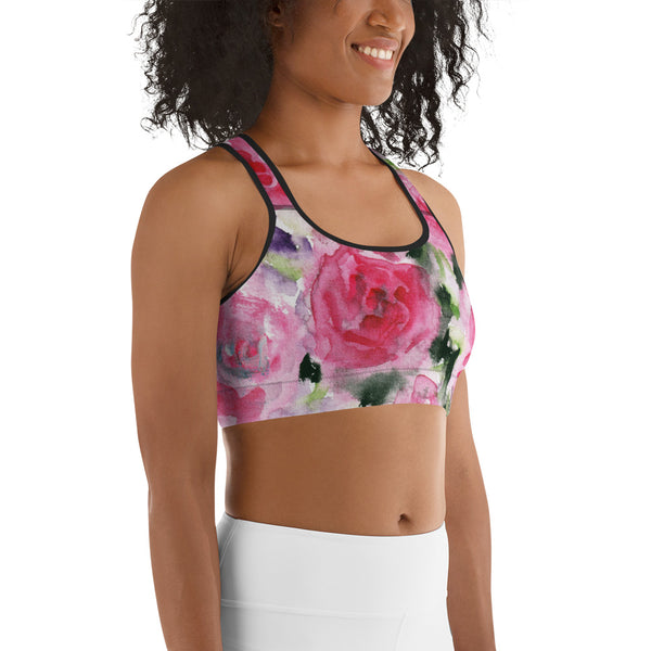 Pink Rose Floral Flower Print Women's Sports Workout Fitness Yoga Bra-Made in USA-Sports Bras-Heidi Kimura Art LLC