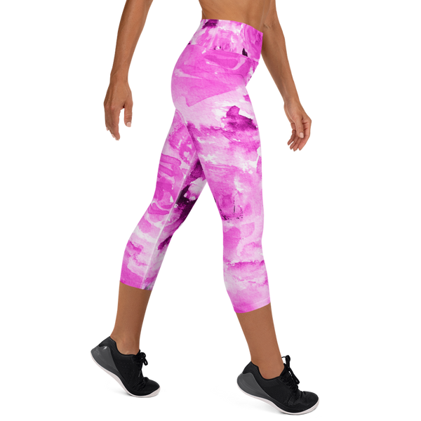Hot Pink Rose Floral Print Capri Leggings Women's Yoga Pants - Made in USA (XS-XL)-capri yoga pants-Heidi Kimura Art LLC