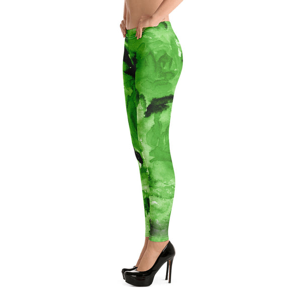 Lime Green Rose Floral Women's Long Casual Leggings/Running Tights - Made in USA/EU-Casual Leggings-Heidi Kimura Art LLC