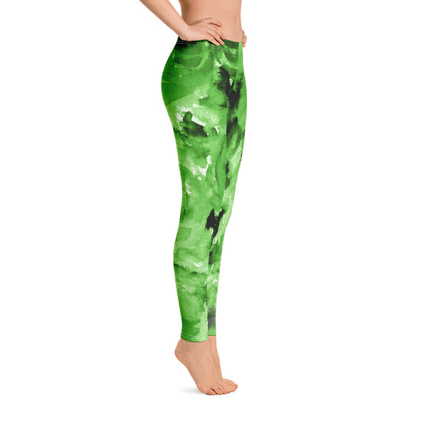 Lime Green Rose Floral Women's Long Casual Leggings/Running Tights - Made in USA/EU-Casual Leggings-Heidi Kimura Art LLC