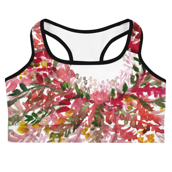 Red White Fall Floral Print Women's Premium Workout Gym Sports Bra-Made in USA-Sports Bras-Heidi Kimura Art LLC