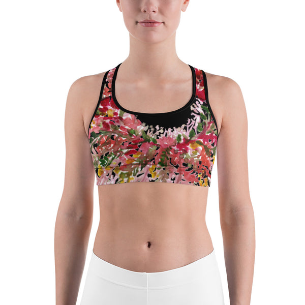 Red Black Fall Floral Print Women's Fitness Gym Lover's Sports Bra- Made in USA-Sports Bras-Heidi Kimura Art LLC
