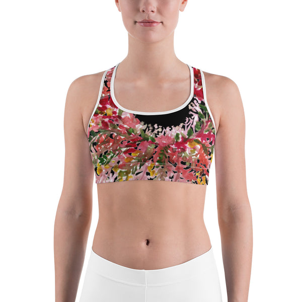 Red Black Fall Floral Print Women's Fitness Gym Lover's Sports Bra- Made in USA-Sports Bras-Heidi Kimura Art LLC