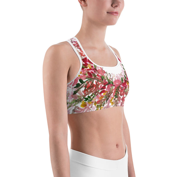 Red White Fall Floral Print Women's Premium Workout Gym Sports Bra-Made in USA-Sports Bras-Heidi Kimura Art LLC