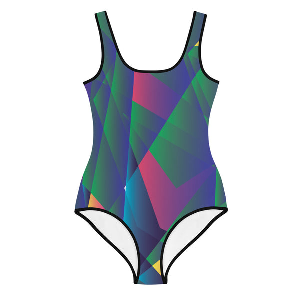 Bright Blue Diamond Print Girl's Youth Swimsuit Bathing Suit Swimwear-Made in USA/EU-Youth's Swimwear - Girls-Heidi Kimura Art LLC