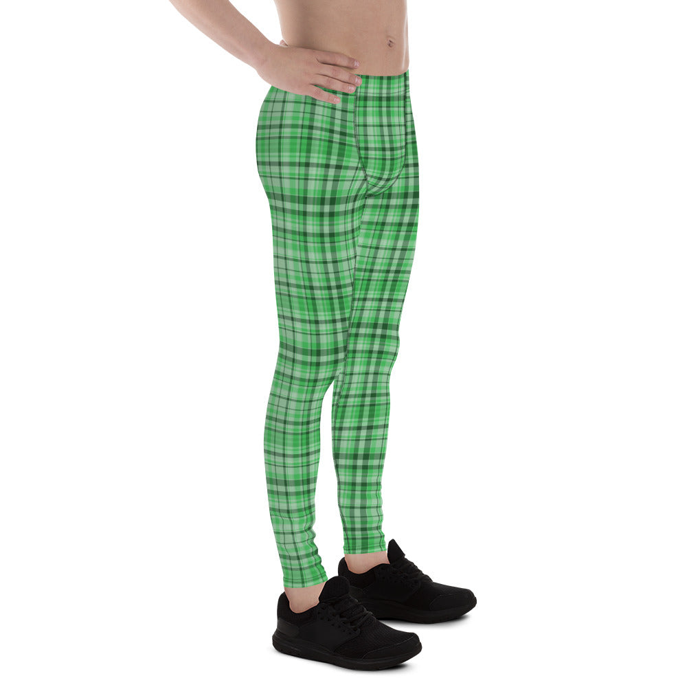 Green Plaid Tartan Print Men's Leggings