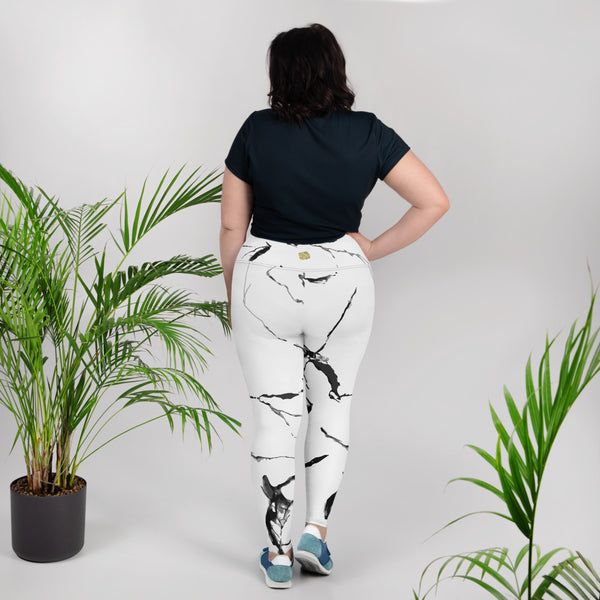 White Marble Women's High Waist Premium Long Yoga Pants Plus Size Leggings-Women's Plus Size Leggings-Heidi Kimura Art LLC