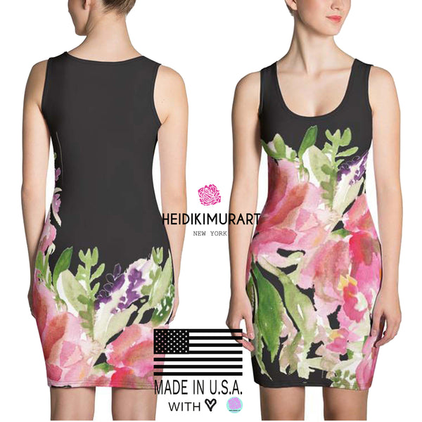 Green Women's 1-pc Black Pink Floral Print Women's Sleeveless Dress - Made in USA/EU-Women's Sleeveless Dress-Heidi Kimura Art LLC