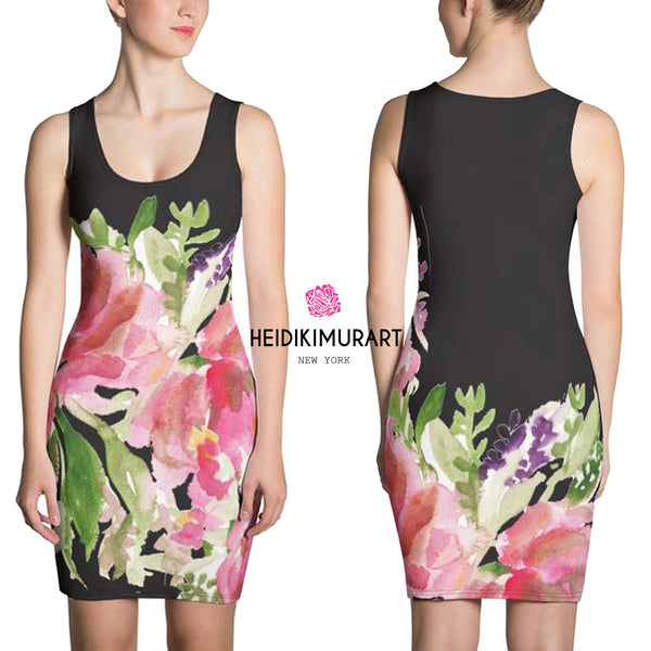 Green Women's 1-pc Black Pink Floral Print Women's Sleeveless Dress - Made in USA/EU-Women's Sleeveless Dress-Heidi Kimura Art LLC