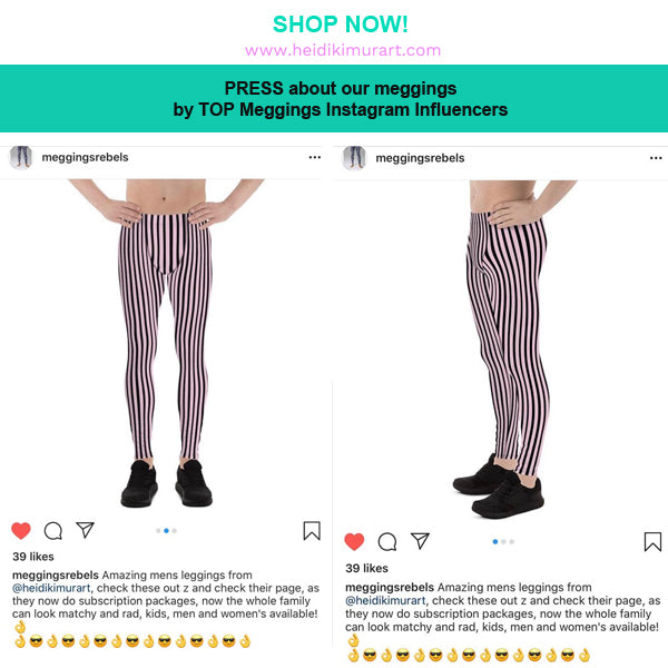 Pink Striped Men's Leggings, Black Vertical Stripe Print Men Tights Meggings-Made in USA/EU-Men's Leggings-Printful-Heidi Kimura Art LLC