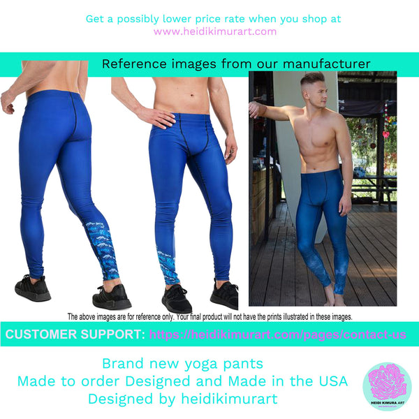 Blue Yellow Striped Men's Leggings, Diagonally Stripes Modern Premium Running Tights For Men