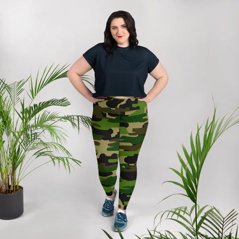 Green Military Camo Camouflage Print Women's Plus Size Leggings (US Size: 2XL-6XL)-Women's Plus Size Leggings-Heidi Kimura Art LLC