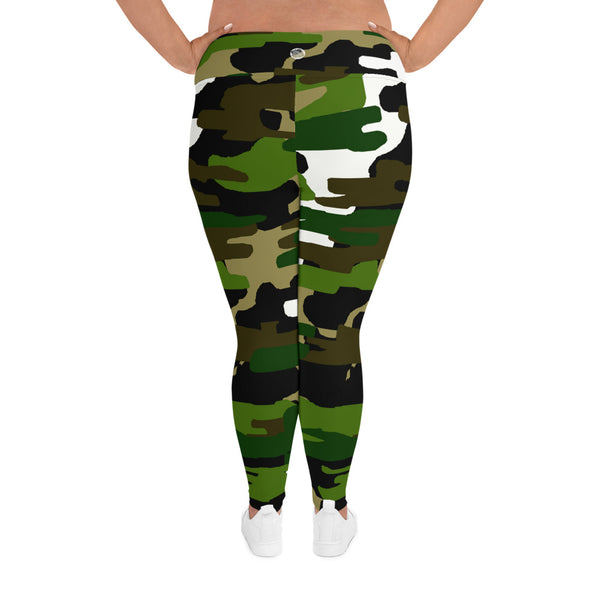 Green Camouflage Military Army Print Women's Long Yoga Pants Plus Size Leggings-Women's Plus Size Leggings-Heidi Kimura Art LLC