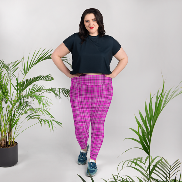 Pink Tartan Scottish Plaid Print Women's Long Yoga Pants Plus Size Leggings-Women's Plus Size Leggings-Heidi Kimura Art LLC