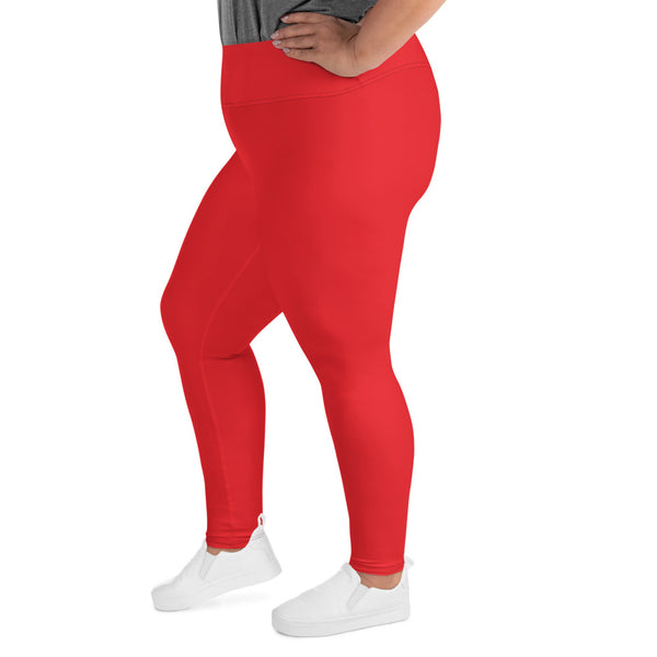Bright Red Plus Size Leggings, Red Solid Color Women's Yoga Leggings-Made in USA/EU (US Size: 2XL-6XL)-Women's Plus Size Leggings-Heidi Kimura Art LLC