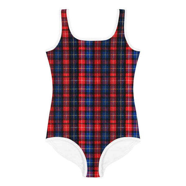 Red Plaid Tartan Print Girl's Kids Luxury Premium Swimwear Bathing Suit-Made in USA-Kid's Swimsuit (Girls)-Heidi Kimura Art LLC