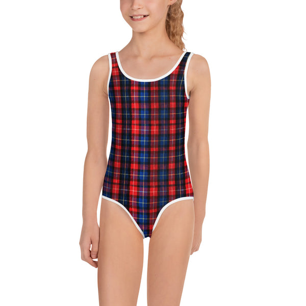 Red Plaid Tartan Print Girl's Kids Luxury Premium Swimwear Bathing Suit-Made in USA-Kid's Swimsuit (Girls)-Heidi Kimura Art LLC