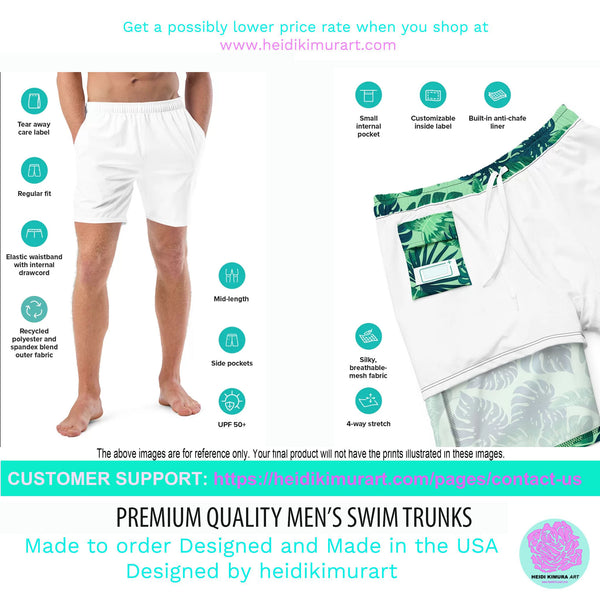 Green Tropical Men's Swim Trunks, Tropical Leaves Print Cute Quick Drying Comfortable Swim Trunks For Men - Made in USA/EU/MX