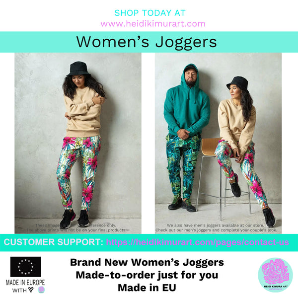 Black Pink Floral Women's Joggers, Tropical Leaf Print Casual Best Sweatpants-Made in EU-Women's Joggers-Printful-Heidi Kimura Art LLC