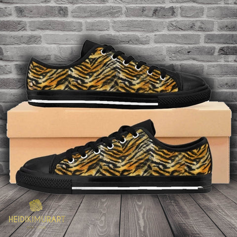 Brown Tiger Stripe Animal Print Designer Low Top Women's Sneakers Shoes (US Size 6-12)-Women's Low Top Sneakers-Heidi Kimura Art LLC