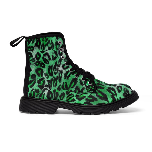 Green Leopard Print Men Hiker Boots, Animal Print Combat Work Hunting Boots, Anti Heat + Moisture Designer Men's Winter Boots Laced Up Best Hiking Shoes (US Size: 7-10.5)