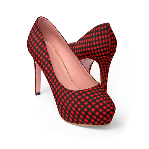 Red Black Buffalo Plaid Print Women's Platform Heels Stiletto Pumps (US Size: 5-11)-4 inch Heels-Heidi Kimura Art LLC