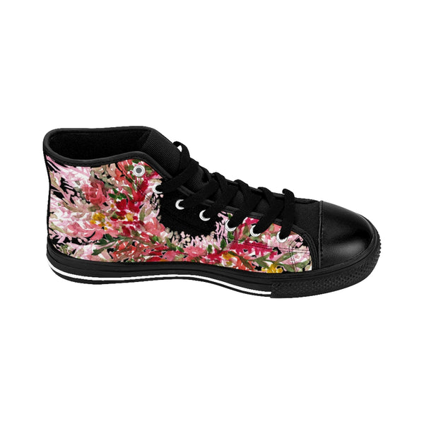 Black Red Fall Themed Floral Print Designer Men's High-top Sneakers Tennis Shoes-Men's High Top Sneakers-Heidi Kimura Art LLC