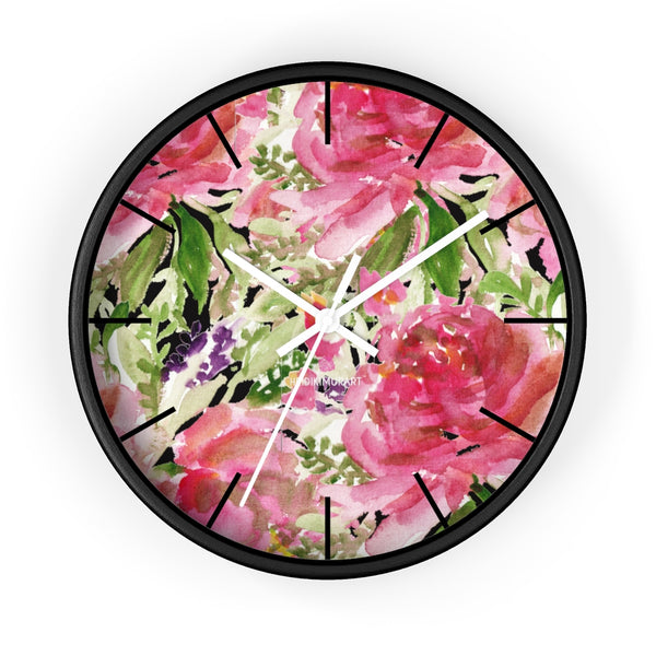 Pink Floral Rose Wall Clock,  Floral 10 inch Diameter Wall Clock, Large Round Wood Girl Children Bedroom Wall Clock