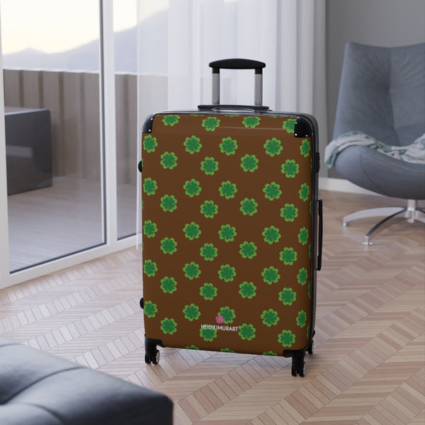 Dark Brown Clover Print Suitcases, Irish Style St. Patrick's Day Holiday Designer Suitcase Luggage (Small, Medium, Large) Unique Cute Spacious Versatile and Lightweight Carry-On or Checked In Suitcase, Best Personal Superior Designer Adult's Travel Bag Custom Luggage - Gift For Him or Her - Made in USA/ UK