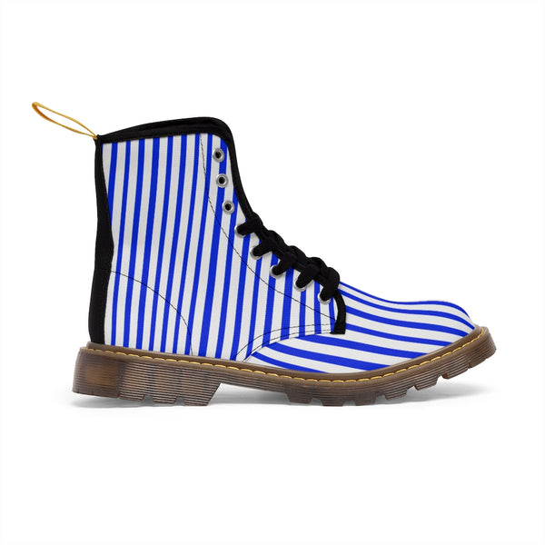 Blue Stripes Women's Canvas Boots, Best White Blue Striped Winter Boots Shoes For Ladies-Shoes-Printify-Heidi Kimura Art LLC