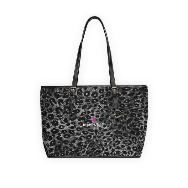 Grey Leopard Print Tote Bag, Best Stylish Leopard Animal Printed PU Leather Shoulder Large Spacious Durable Hand Work Bag 17"x11"/ 16"x10" With Gold-Color Zippers & Buckles & Mobile Phone Slots & Inner Pockets, All Day Large Tote Luxury Best Sleek and Sophisticated Cute Work Shoulder Bag For Women With Outside And Inner Zippers