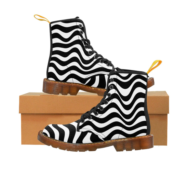 Black White Waves Women's Boots, Best Abstract Wavy Print Premium Boot Shoes For Ladies