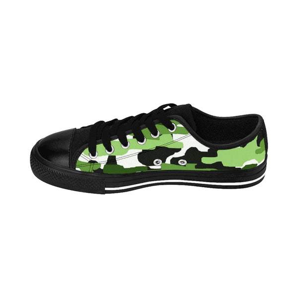 Green White Camo Army Military Print Premium Men's Low Top Canvas Sneakers Shoes-Men's Low Top Sneakers-Heidi Kimura Art LLC