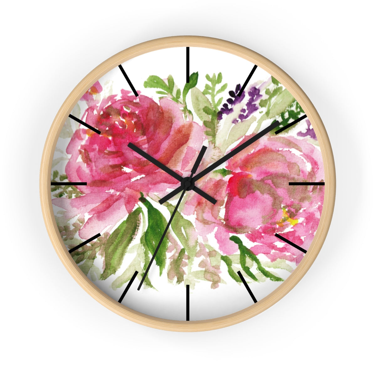 Pink Spring Rose Floral Print Flower 10 inch Diameter Flower Wall Clock - Made in USA-Wall Clock-Wooden-Black-Heidi Kimura Art LLC