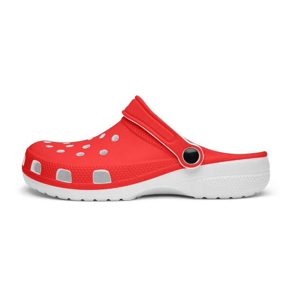 Red Solid Color Unisex Clogs, Best Solid Bright Red Color Classic Solid Color Printed Adult's Lightweight Anti-Slip Unisex Extra Comfy Soft Breathable Supportive Clogs Flip Flop Pool Water Beach Slippers Sandals Shoes For Men or Women, Men's US Size: 3.5-12, Women's US Size: 4-12
