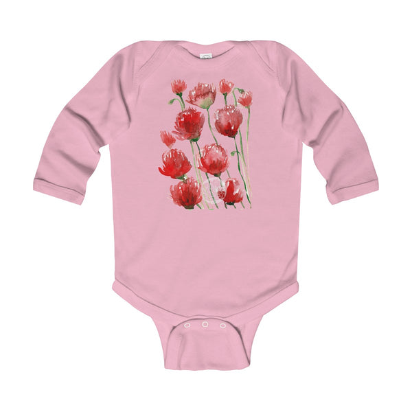 Floral Red Poppy Flower Print Infant Long Sleeve Bodysuit - Made in UK(UK Size: 6M-24M)-Kids clothes-Pink-12M-Heidi Kimura Art LLC