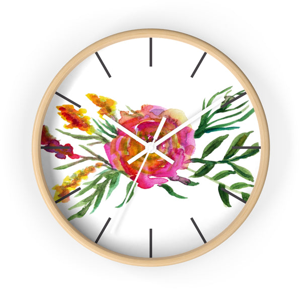 Pink Rose Watercolor Floral Print 10 inch Diameter Flower Wall Clock - Made in USA-Wall Clock-Wooden-White-Heidi Kimura Art LLC