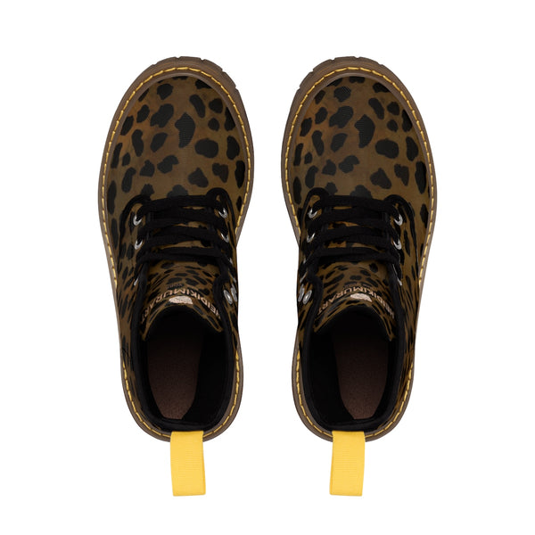 Brown Leopard Animal Print Women's Winter Laced-Up Nylon Canvas Boots (US Size: 6.5-11)-Women's Boots-Heidi Kimura Art LLC