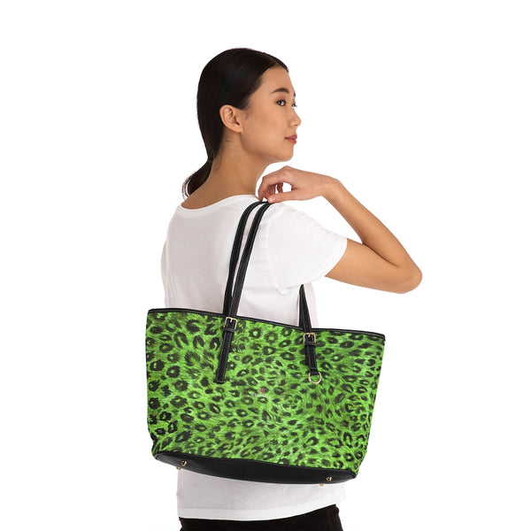 Green Leopard Print Tote Bag, Best Stylish Leopard Animal Printed PU Leather Shoulder Large Spacious Durable Hand Work Bag 17"x11"/ 16"x10" With Gold-Color Zippers & Buckles & Mobile Phone Slots & Inner Pockets, All Day Large Tote Luxury Best Sleek and Sophisticated Cute Work Shoulder Bag For Women With Outside And Inner Zippers