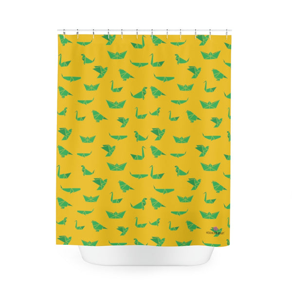 Yellow Crane Polyester Shower Curtain, Japanese Origami Style Crane Birds Print 71" × 74" Modern Kids or Adults Colorful Best Premium Quality American Style One-Sided Luxury Durable Stylish Unique Interior Bathroom Shower Curtains - Printed in USA
