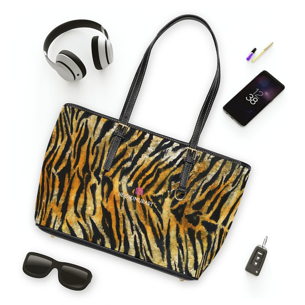 Orange Tiger Striped Tote Bag, Brown Tiger Stripes Animal Print PU Leather Shoulder Large Spacious Durable Hand Work Bag 17"x11"/ 16"x10" With Gold-Color Zippers & Buckles & Mobile Phone Slots & Inner Pockets, All Day Large Tote Luxury Best Sleek and Sophisticated Cute Work Shoulder Bag For Women With Outside And Inner Zippers